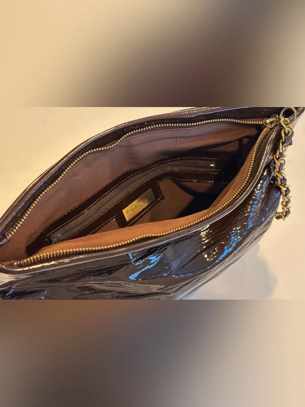 Onna Ehrlich Glossy Ruched Patent Brown Clutch Wristlet